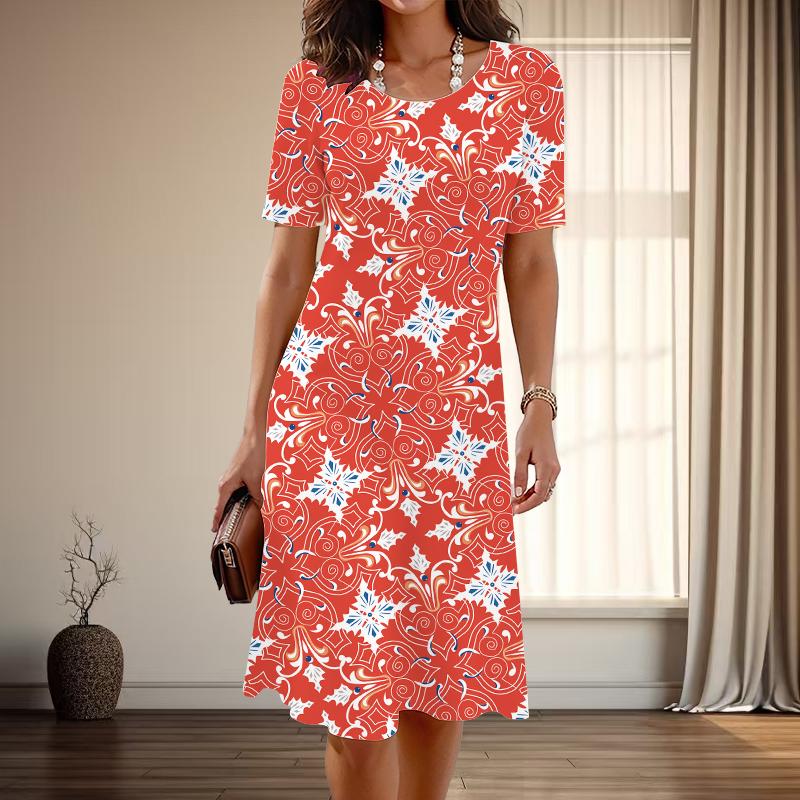 Women's Fashion Graceful Line Pattern Print Summer Spring Short Sleeve O-Neck Casual Dresses