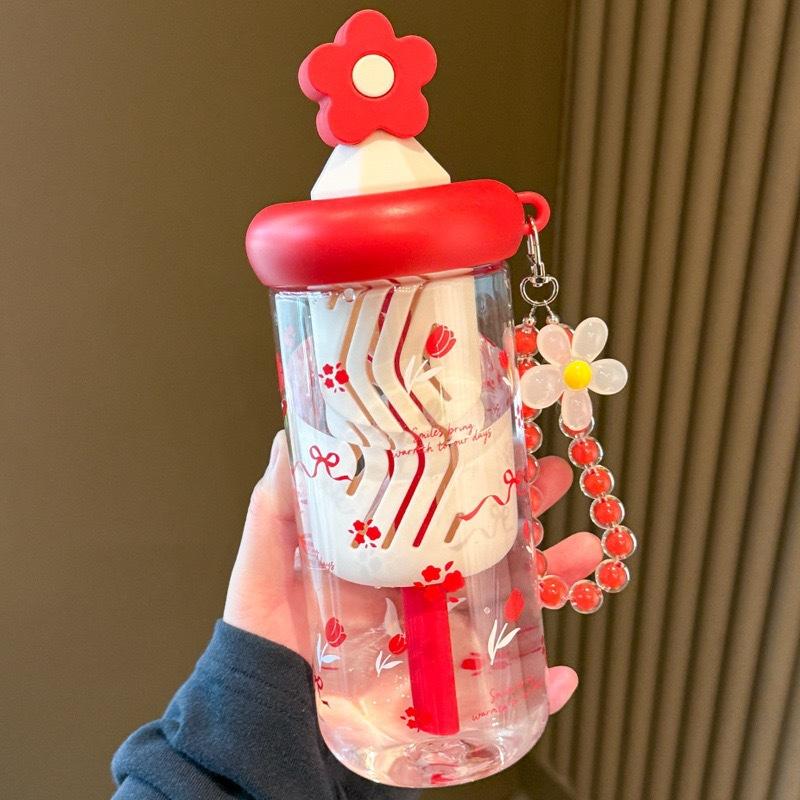 Water Bottle Summer INS with Bead Chain High Value Ins Niche Students Go To School Portable Cartoon Plastic Water Cup