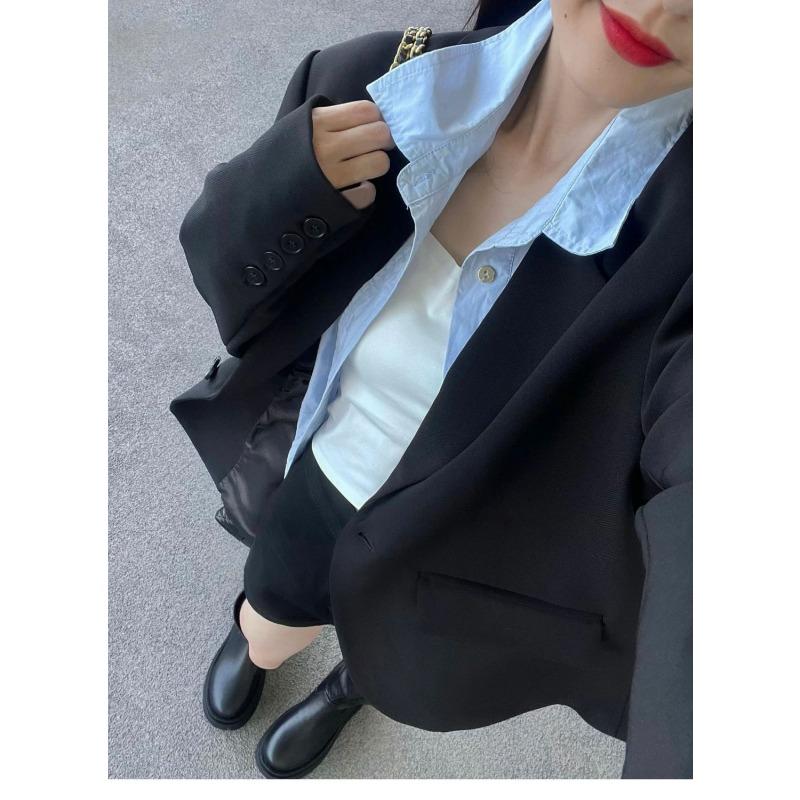 Damen Schicker Schwarzer Blazer Frühling Herbst Lässig Locker Geschnitten Slim Koreanischer Stil Kleine Größe Trendige Jacke