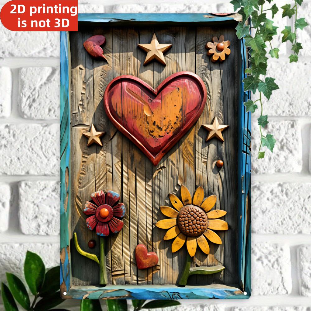 D Flat Metal Wall Art Vibrant Hippie Heart Sunflower Butterfly Rustproof Weatherproof Indoor Outdoor Home Bar Decor Plaque 20x30cm（7.8x11.8inch）