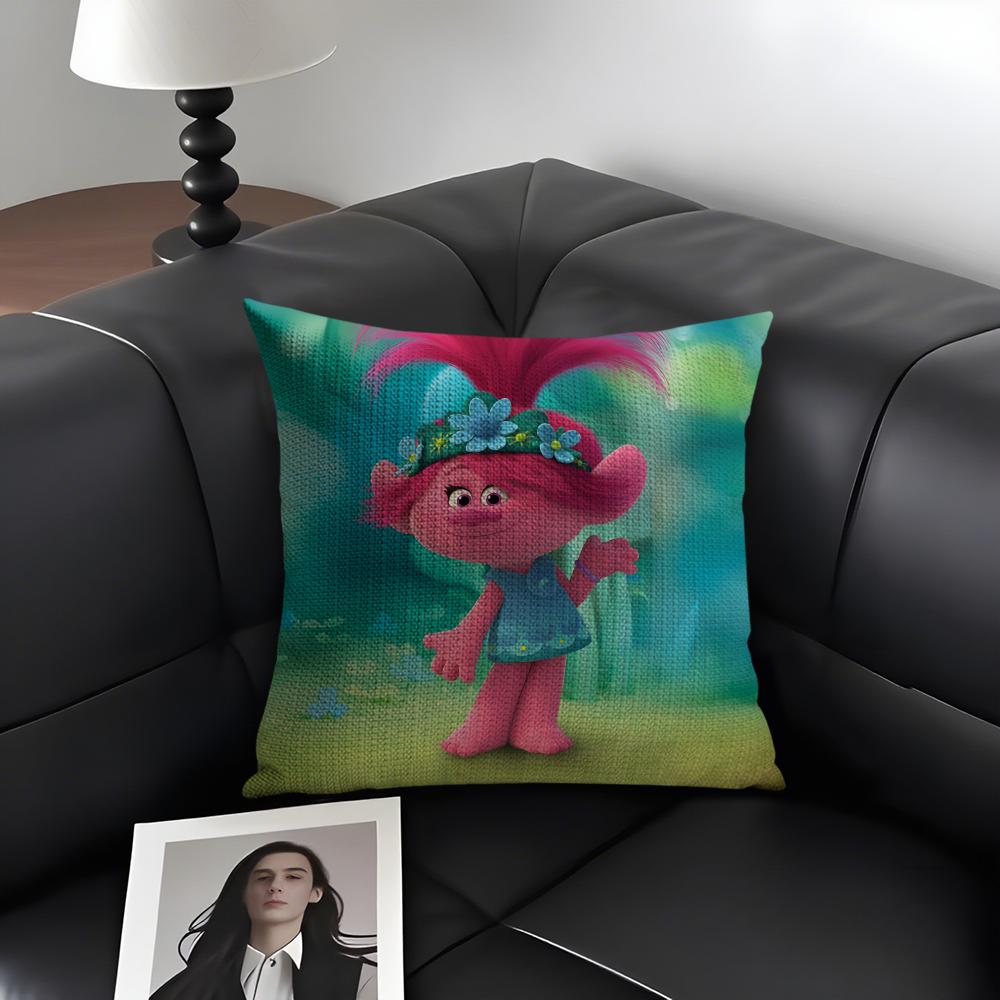 T-Trolls Cartoon Cushion Cover Natural Linen Organic Fabric Double-Sided Printing Sofa Home Decor Gift Pillow Case