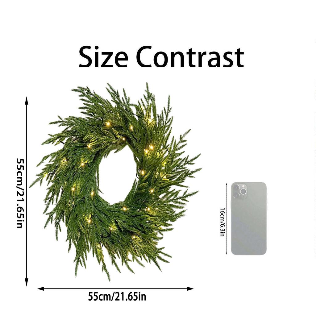 Pre-Lit Artificial Christmas Wreath,  Artificial Christmas Garland For Front Door With Red Bow, Cones, Red Berries,  LED Lights For Christmas Deco