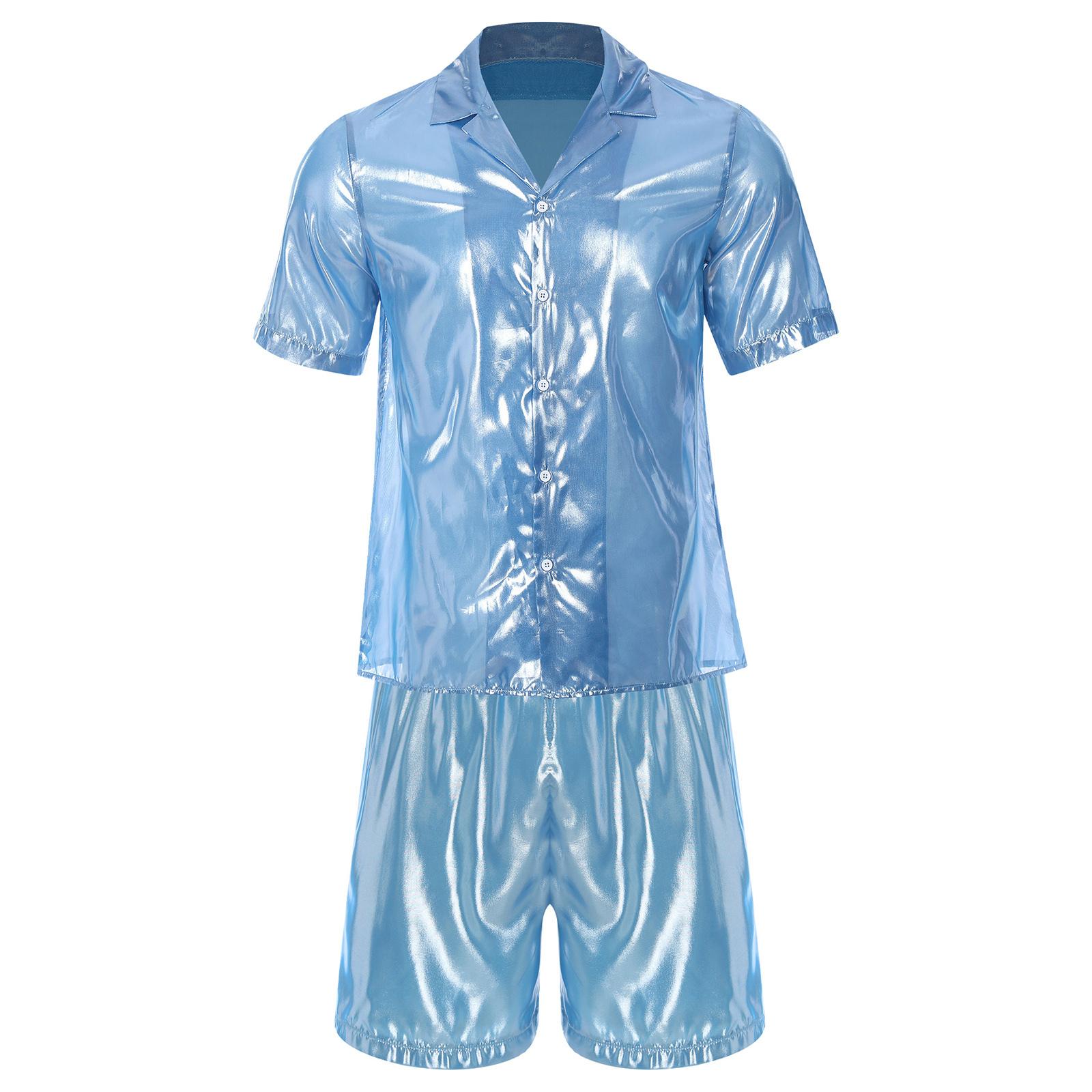 

Мужской блестящий пляжный комплект, прозрачная рубашка с эффектом ряби на воде, подходящие свободные боксеры с эластичной талией, наряд для отпуска S небесно-голубой