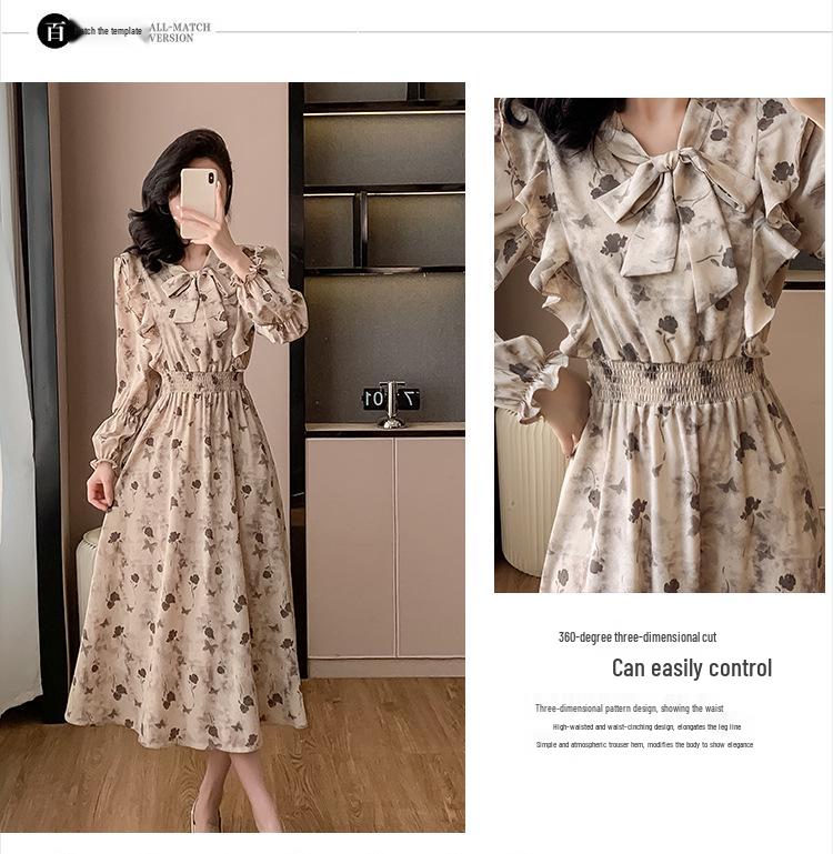 Korean Ruffle Print Chiffon Dress with Puff Sleeves