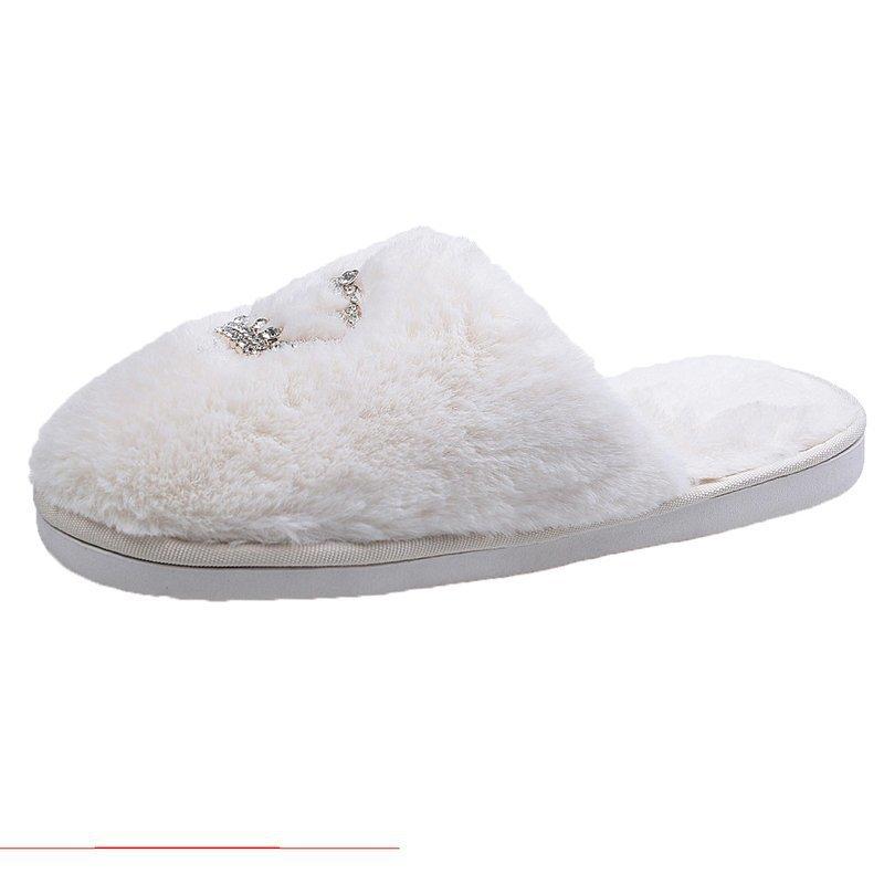 Women's Diamond-encrusted Decorative Indoor Fur Slippers  Winter Fashion Plus Size Warm Special Light Baotou Slippers
