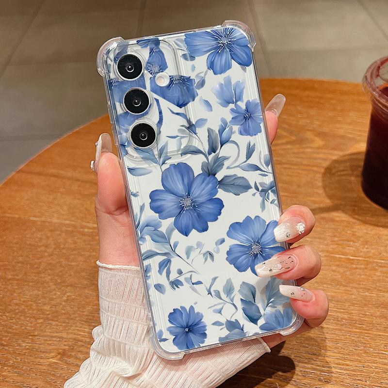 S25 Ultra Case Blue and White Flowers Pattern Clear Soft Cover For Samsung Galaxy S25 Edge S24 Ultra S23 S22 Plus S21 FE Capa Funda