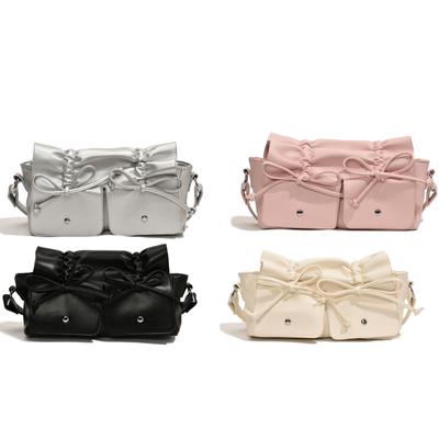 Womens Aesthetic PU Leather Underarm Bag Pleated Sweet Bowknot Shoulder Crossbody Bag Adjustable Armpit Handbag Purse