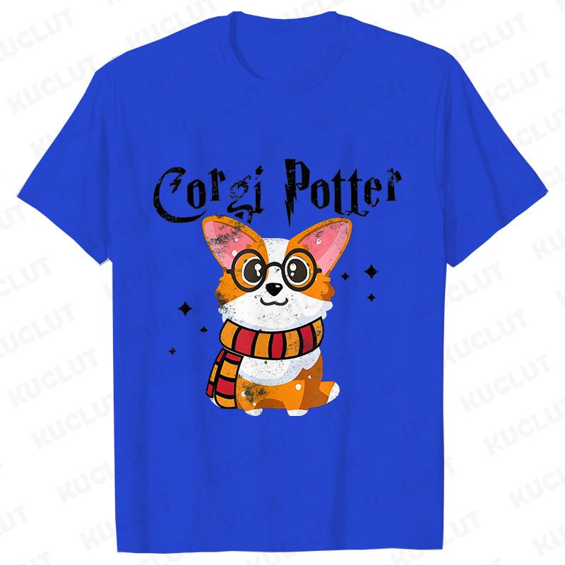 Kawaii Corgi Potter T-Shirt for Women Clothing Fashion Corgi Dog Lovers Cute Graphic Tees Short Sleeve Shirt Femme Streetwear