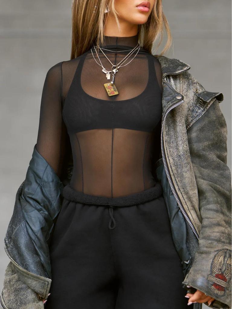 Hot Selling Sexy See-Through Mesh Long Sleeve Slim-Fit High Neck Women's Top