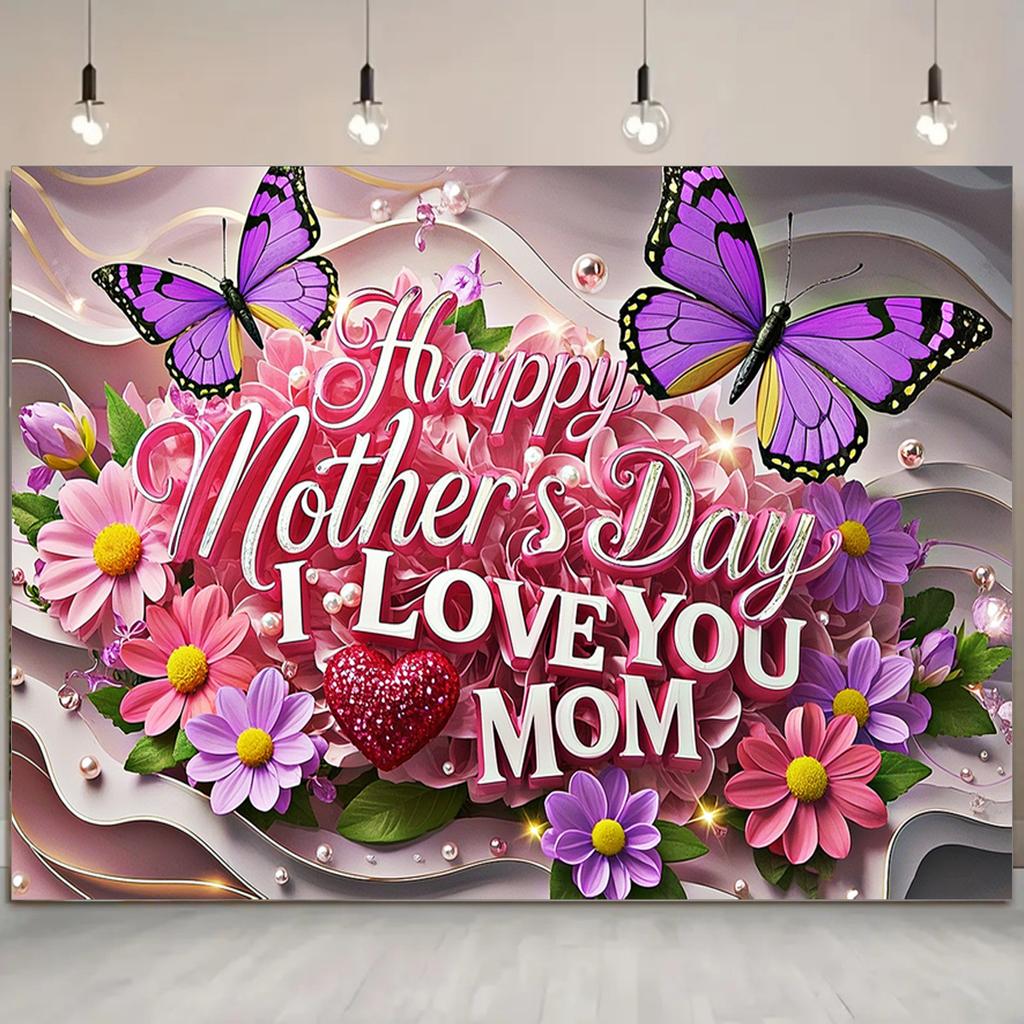 Mother's Day Floral Backdrop with Floral&Butterfly Element Design,Wall Decor,Gift,Festive Wall Covering,Rustic Background