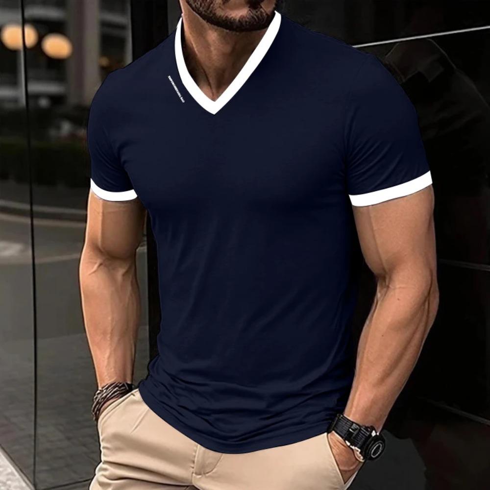 

Men s Casual and Fashionable Solid Color V-neck Short Sleeved T-shirt with Letter Print Summer Versatile and Comfortable Top M