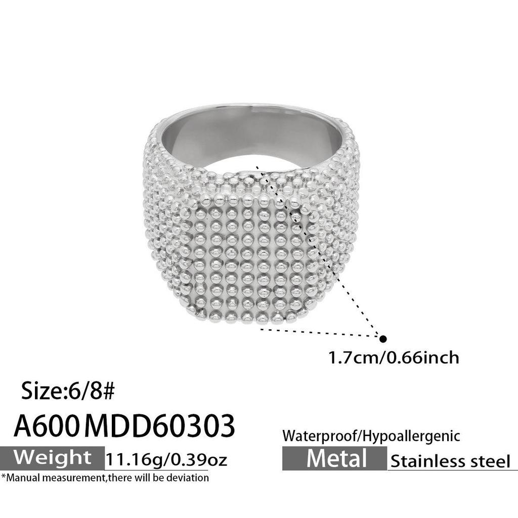 18k Gold-Plated Stainless Steel Square Ring: Trendy, Wide Band with Granular Texture