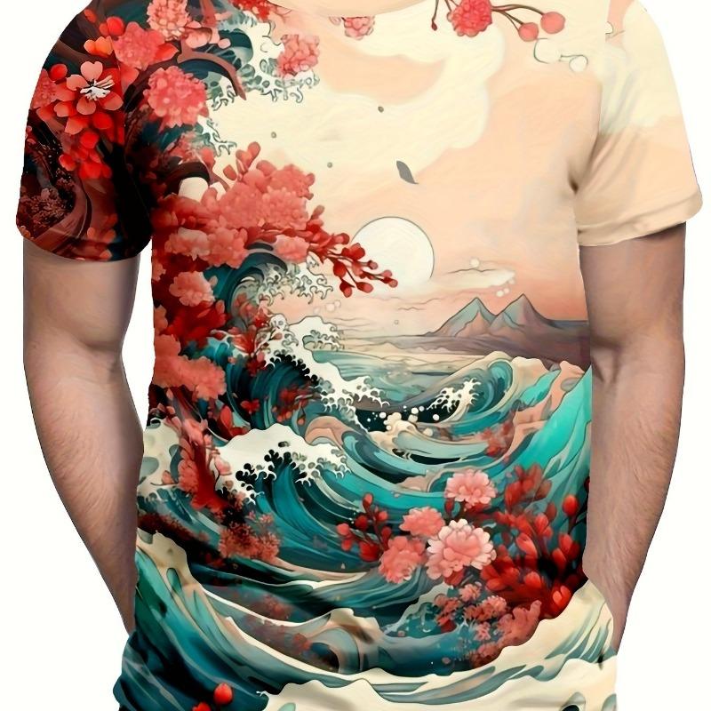 3D printing new men's fashion casual simple short-sleeved T-shirt comfortable breathable cherry blossom print short sleeve