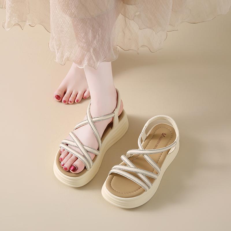 CRLAYDK Women's Sandals Cross Strap Elastic Band Slides for Summer Walking Ladies Open Toe Platform Beach Travel Slippers