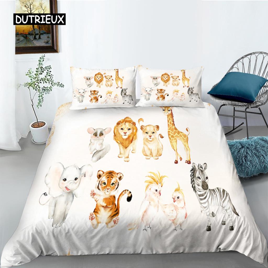 Cartoon Animal Happy Birthday King Queen Duvet Cover Cute Lion Bedding Set Kids Boys Girls Elephant 2/3pcs Polyester Quilt Cover