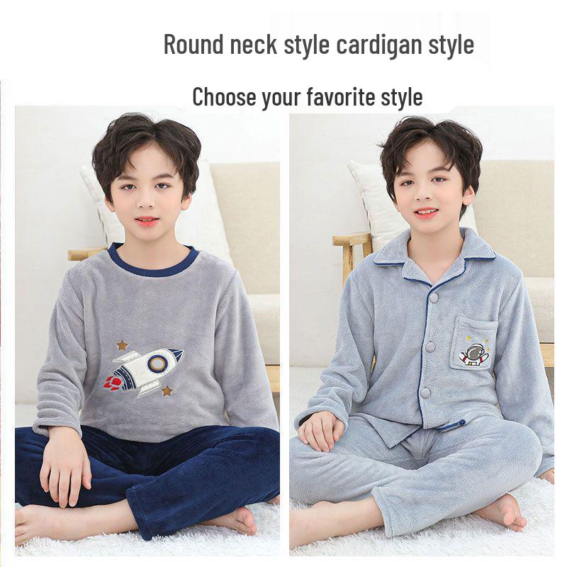 Flannel Boys' Pajama Set - Coral Fleece, Medium-Large, Plus Velvet, Thickened for Autumn/Winter