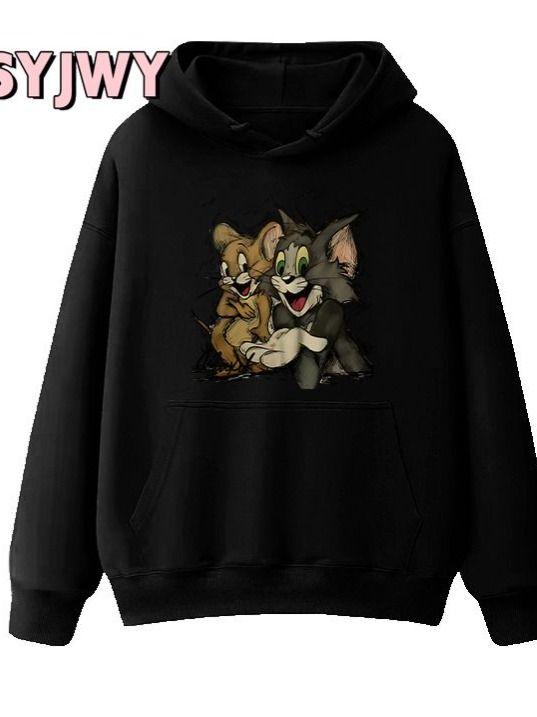 

Tom and Jerry Graphic Printed Hoodies Men Women Couple s Unisex Sweatshirt Street Oversized Y2k Fleece Warm Female Male Clothing L чорний