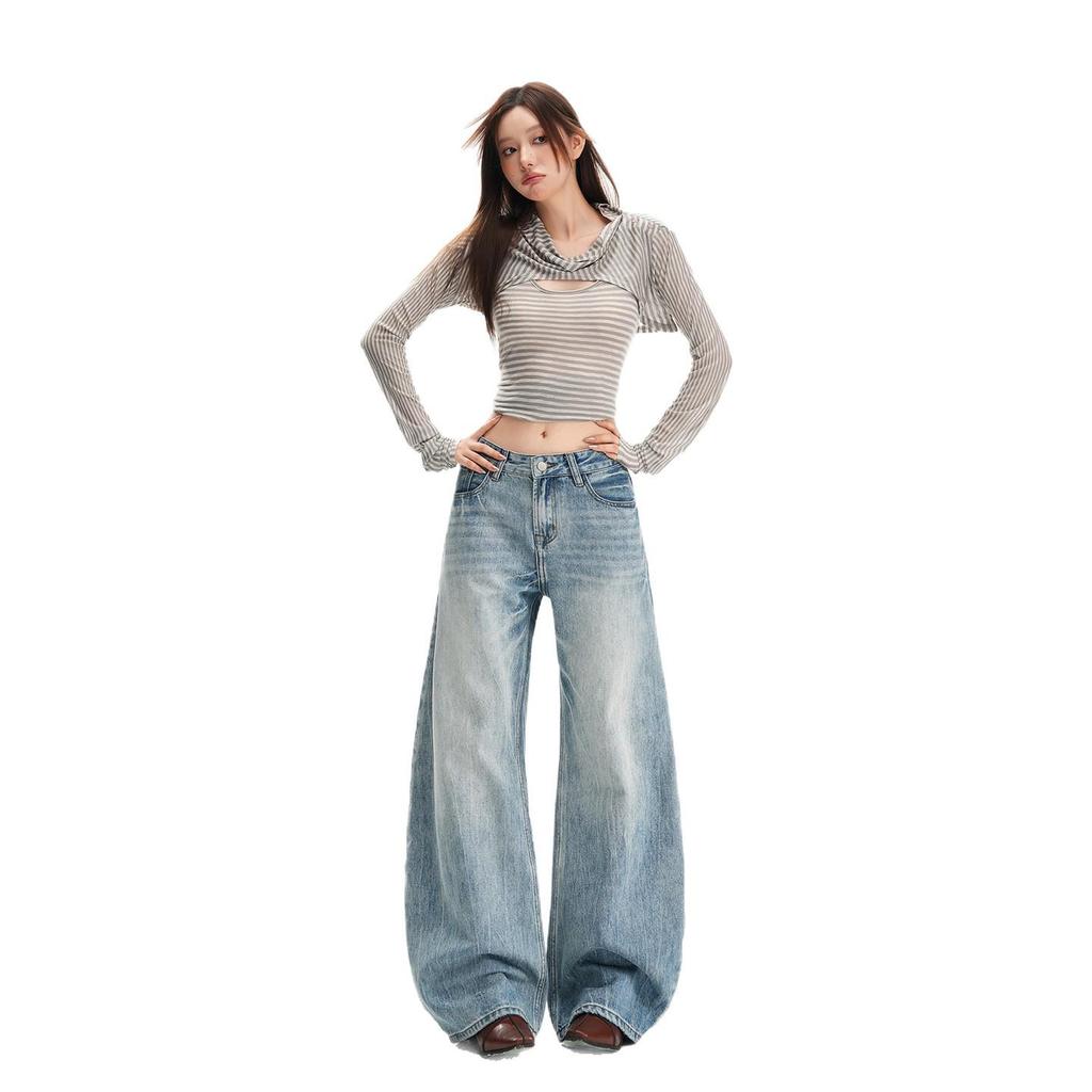 Women's Retro Washed Low Waist Wide Leg Jeans - Autumn Winter Collection