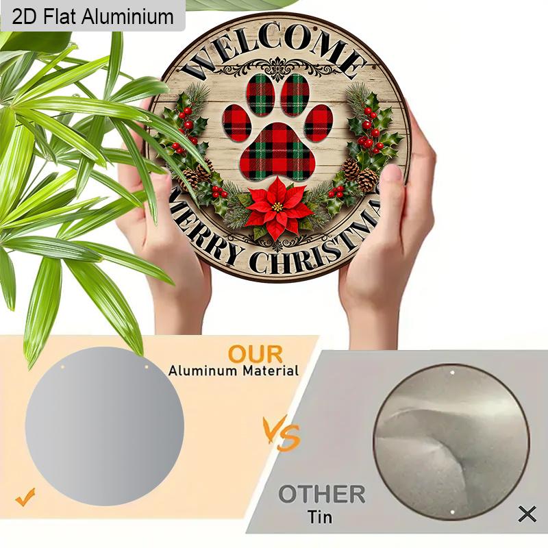 2D Flat Aluminium Christmas Welcome Sign with Paw Pattern - Navidad Figurine Ornaments - Ideal for Front Door, Wall, Porch, Fence Decor - Ideal