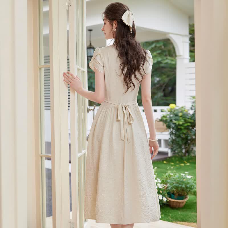 Elegant French V-Neck Tie-Waist Maxi Dress