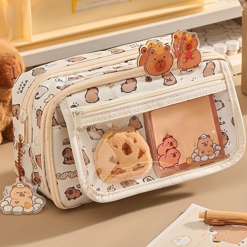 24Pcs capybara canvas pencil case, with doll & stickers, large layered school stationery pouch