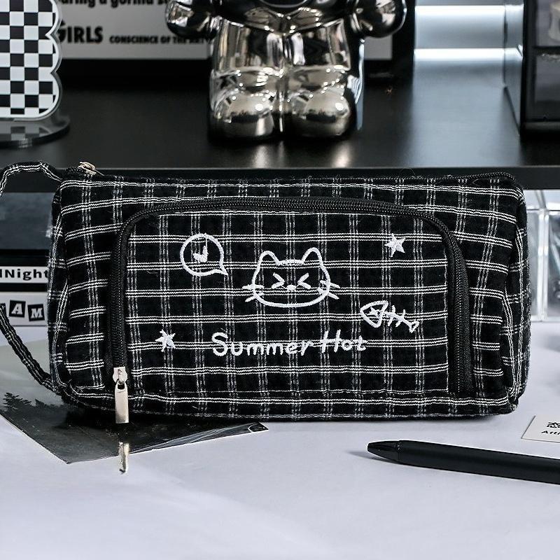 Милий клітчастий пенал-кіт для дітей Хлопчик Дівчинка Мультяшний Велика місткість Багатошаровий Шкільний пенал Шкільне приладдя Подарунок