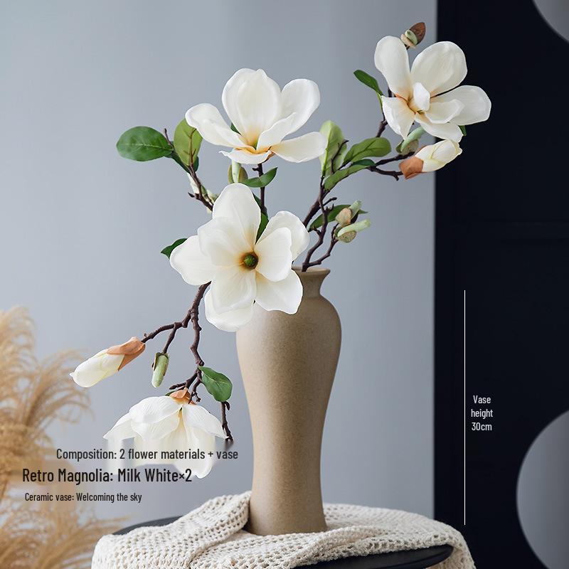 Retro Magnolia Artificial Flower Arrangement - Decorative Single Stem Bouquet for Living Room or Dining Table.