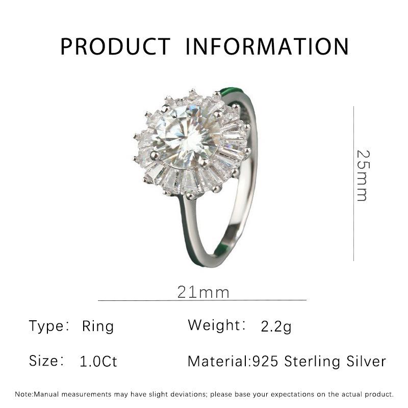 Sunflower Moissanite Ring In S925 Sterling Silver - One Carat Zircon, High-End Women's Jewelry