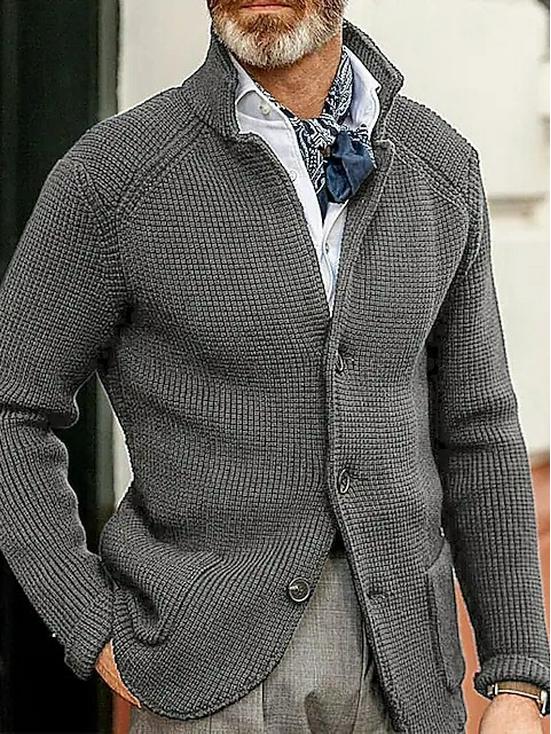 Men's Casual Long Sleeve Knitted Cardigan - Solid Color Outerwear