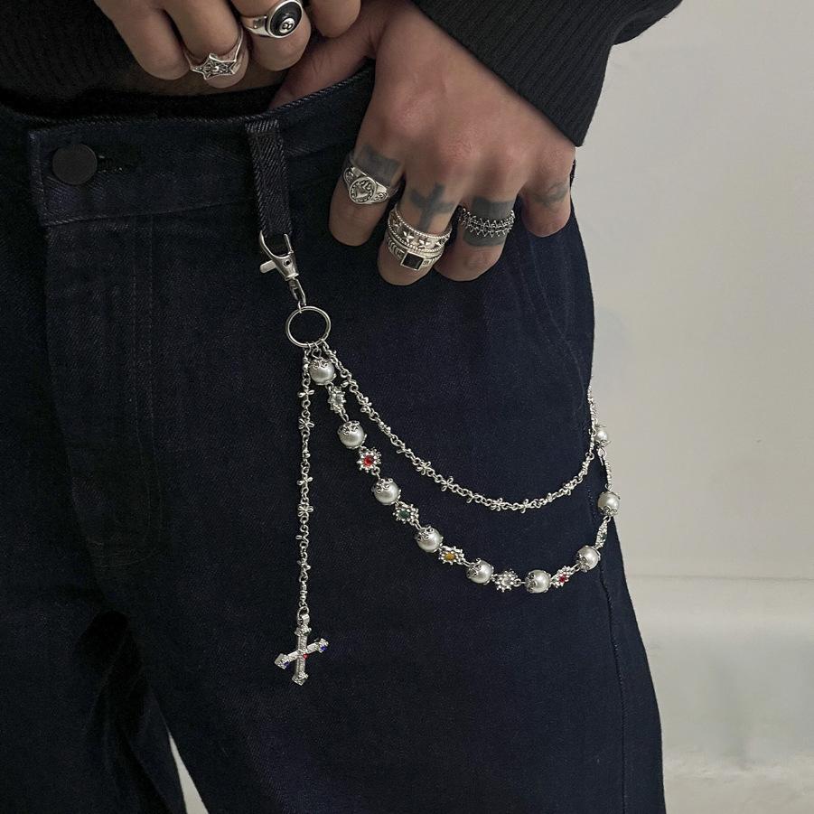 Design Imitation Pearl Flower Chain Trouser Chain, Hip-Hop Color Diamond-Encrusted Cross Waist Chain Pendant