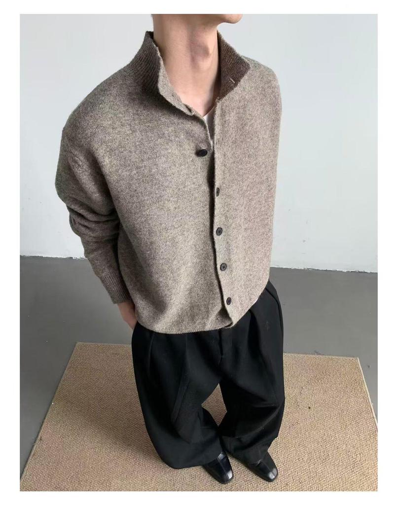 Men's Retro High-End Knit Cardigan - Autumn/Winter Korean Lazy Style, Versatile Stand Collar Couple Outerwear