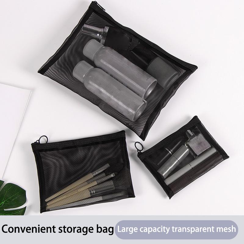 1Pcs Travel Gray Black Mesh Cosmetic Bag Zipper Makeup Bag Women Wash Toiletry Bag Makeup Organizer Portable Storage Pouch