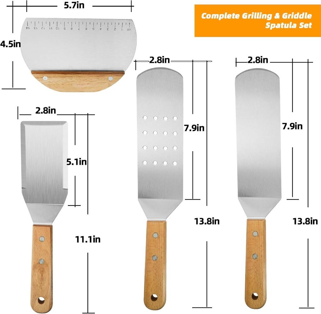 Stainless Steel Square Head Steak Cooking Spatula Wood Handle Pizza Shovel Pancake Beef Turner Scraper BBQ Utensils for Kitchen