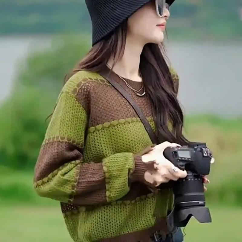 

WTEMPO весенне-осенний однотонный короткий вязаный пуловер, женские повседневные полосатые свитера с длинными рукавами и круглым вырезом, верхняя одежда One Size зелёный