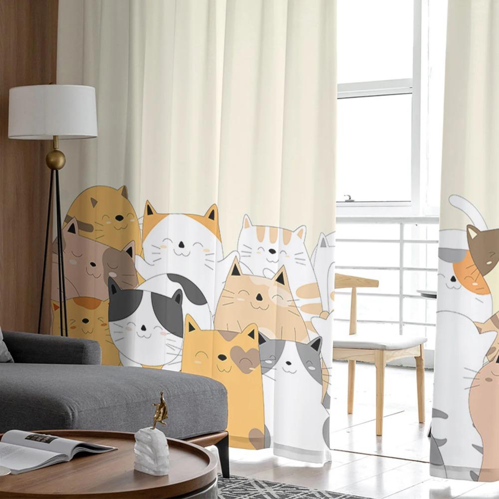 Cartoon Animal Cat Sheer Drapes for Living Room Bedroom Printed Window Curtain Luxury Home Balcony Decor Curtain Panels