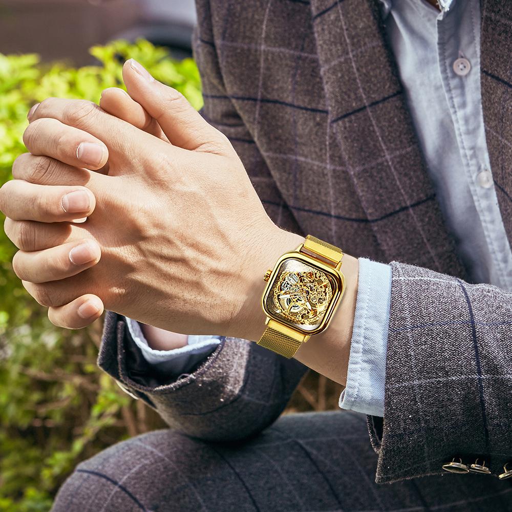 FORSINING Automatic Watches Mechanical Wrist Watch Golden for Mens Skeleton Watches with Stainless Steel Transparent Dial