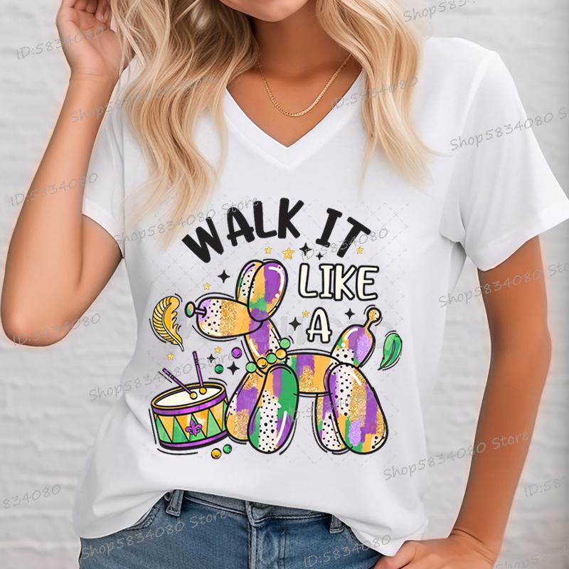 Walk It Like A Dog Mardi Gras New Womens TShirt VNeck Glitter Mardi Gras Shirt Casual Funny Retro MardiGras Festival Tshirt S