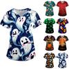 Loose Fit V Neck Short Sleeve Scrub Top with Pocket Halloween Bat Print Medical Uniform Shirt for Women Healthcare Professionals
