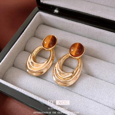 18K Real Gold Electroplated Silver Needle Tiger's Eye Stone Oval Earrings Maillard Retro Earrings Light Luxury High-end Earrings Women