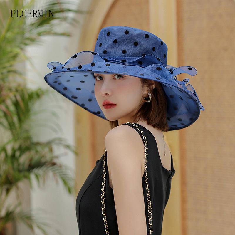 New Ladies Elegant Flower Church Hats Summer Large Wide Brim Fedora Hat For Women Organza Hat Beach Sun Kentucky Derby Hat