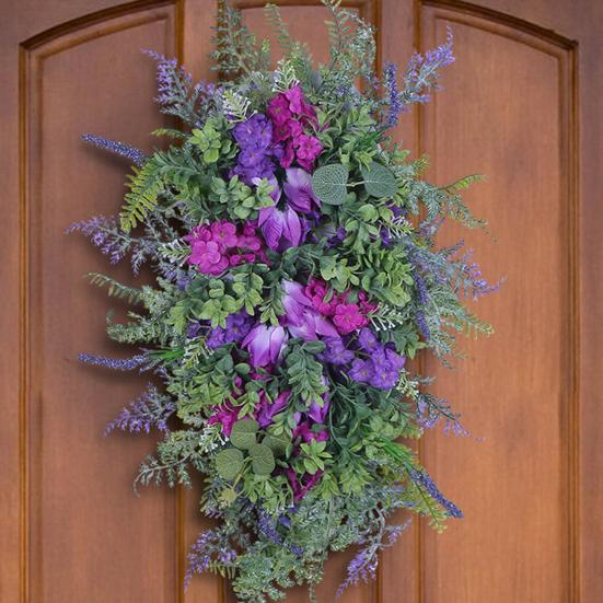 Purple Tulip Wreath with Hydrangea & Hyacinth Artificial Flower Lavender Garland Realistic Spring-Summer Floral Decor for Door Wall Home & Party