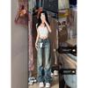 Small American Style Washed-out Vintage Worn Jeans Female High Waist Slim Looking Drape Narrow Version Straight Mopping Pants Summer