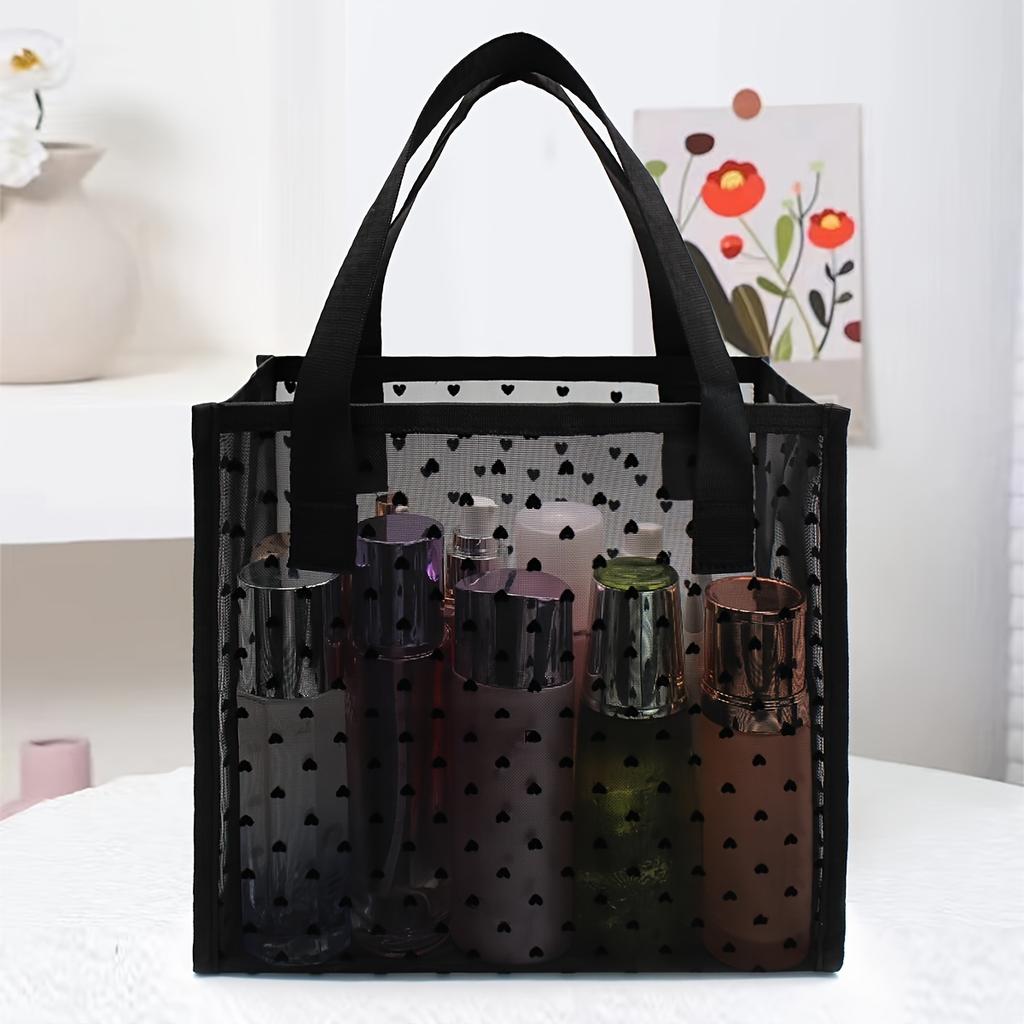 1pc Black Mesh Tote Bag with Heart Decor, Minimalist Cosmetic Storage Handbag for Women, Durable & Lightweight Design, Sturdy White Dots Pattern