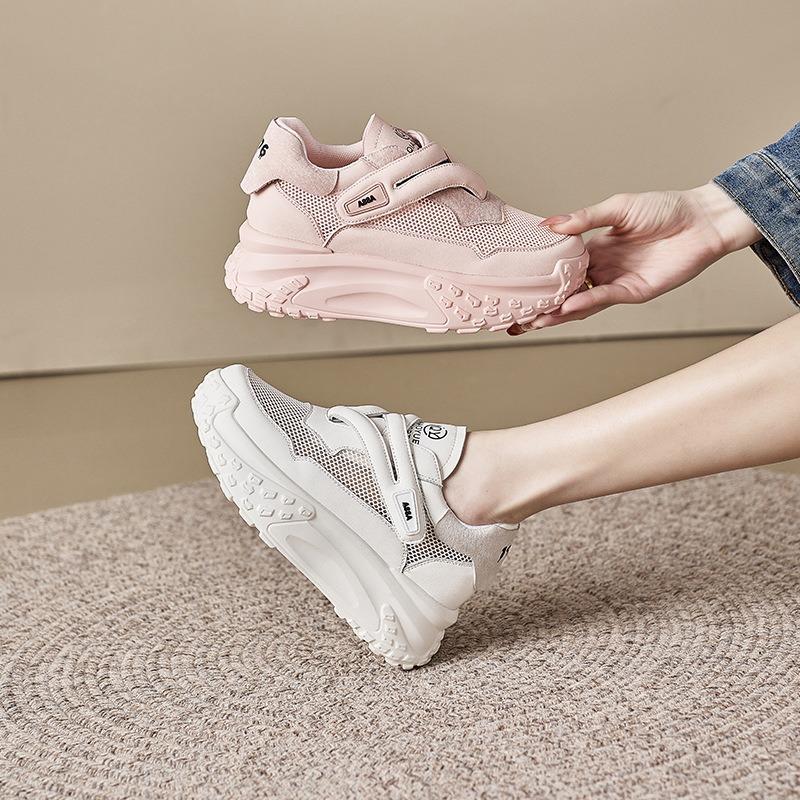 Leather small size casual shoes for women, thick-soled inner height-increasing dad shoes for women, Velcro student white shoes