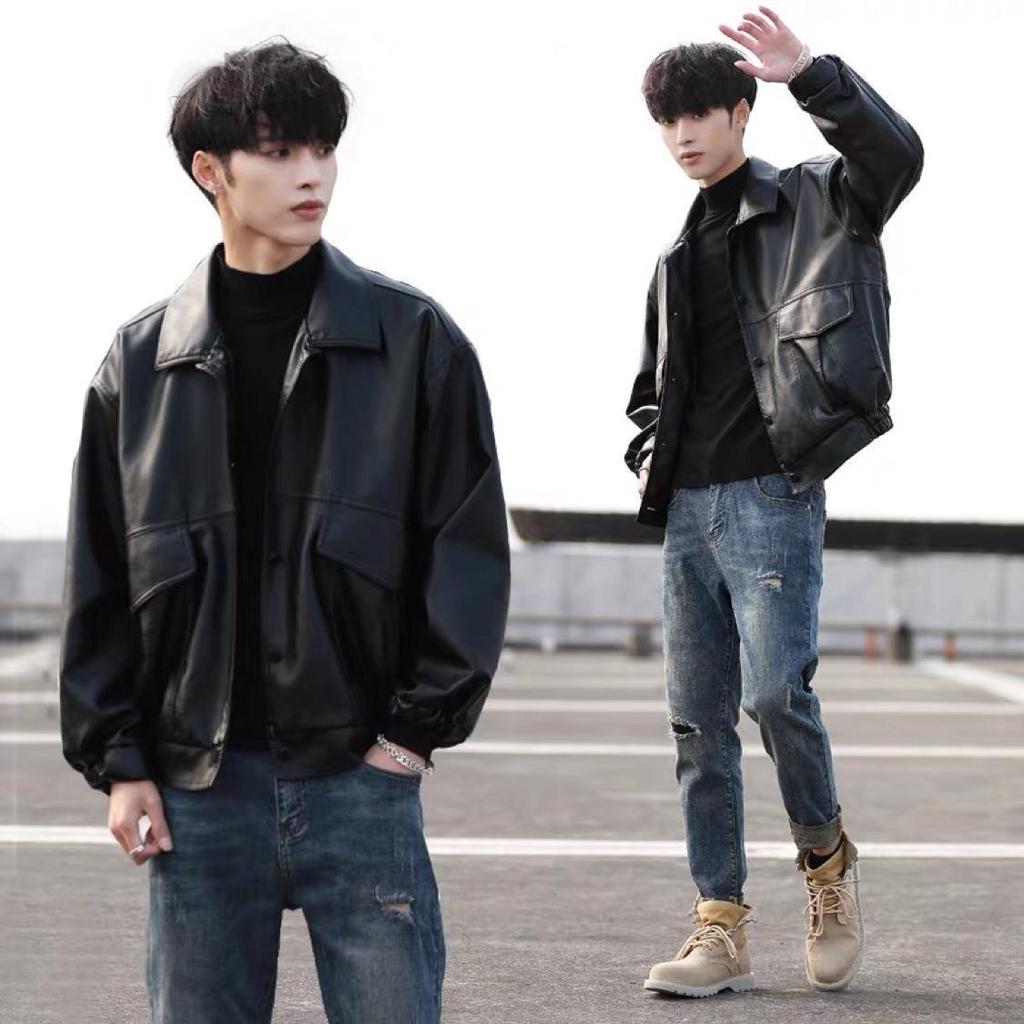 Trendy and Handsome Loose PU Leather Jacket Men's Motorcycle Suit Pilot Leather Jacket Student Spring and Autumn Jacket