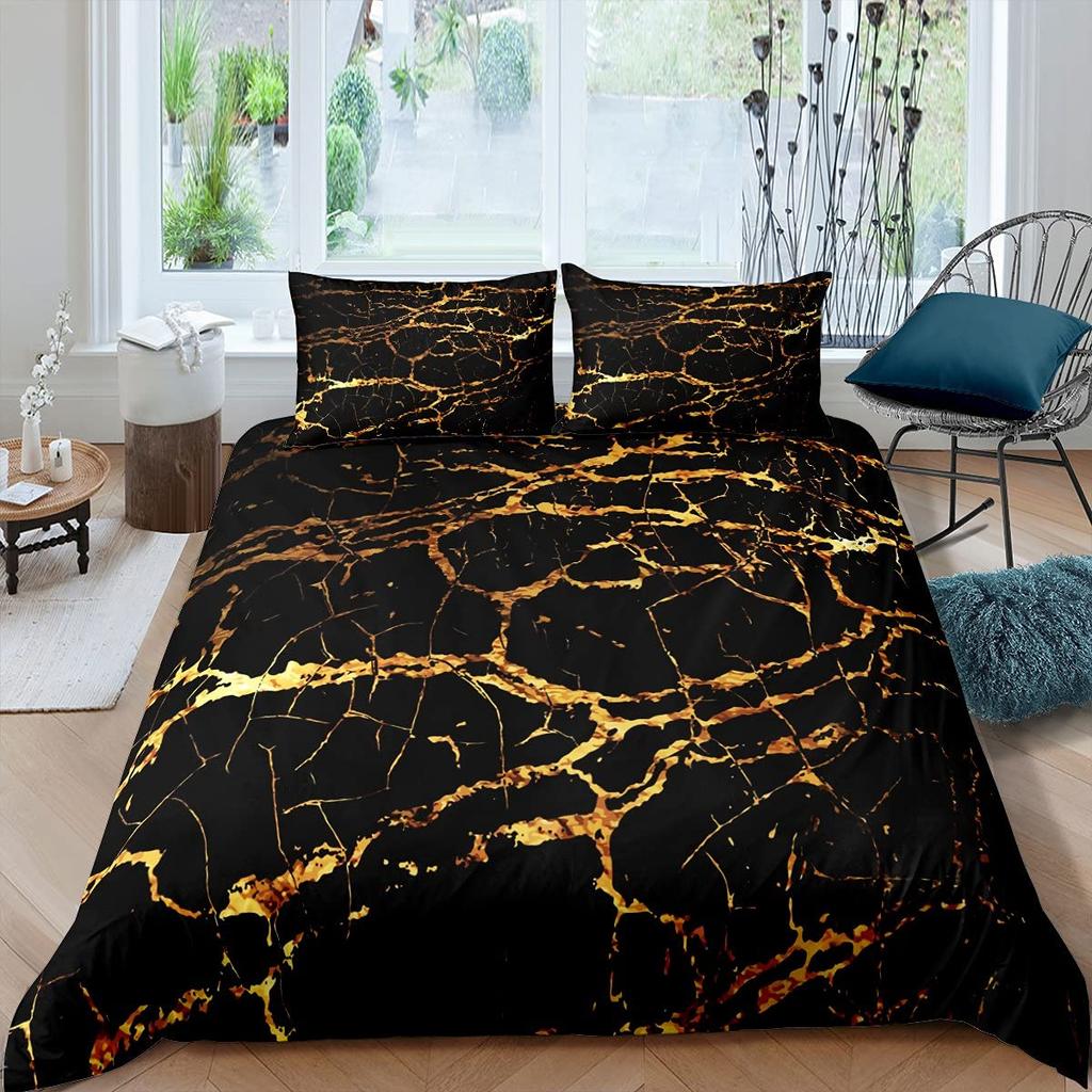 Marmurowy Zestaw Poszewek na Kołdrę Rozmiar Pełny Złoty Marmurkowy Wzór Zestaw Pościeli 3szt. do Pokoju Chłopca Dziewczynki, Abstrakcyjna Tekstura Kamienia Poszwa na Kołdrę