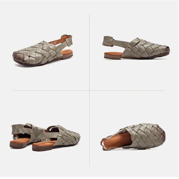 Johnature Ręcznie tkane sandały na płaskiej podeszwie z prawdziwej skóry, z okrągłym noskiem. Codzienne, wszechstronne buty damskie