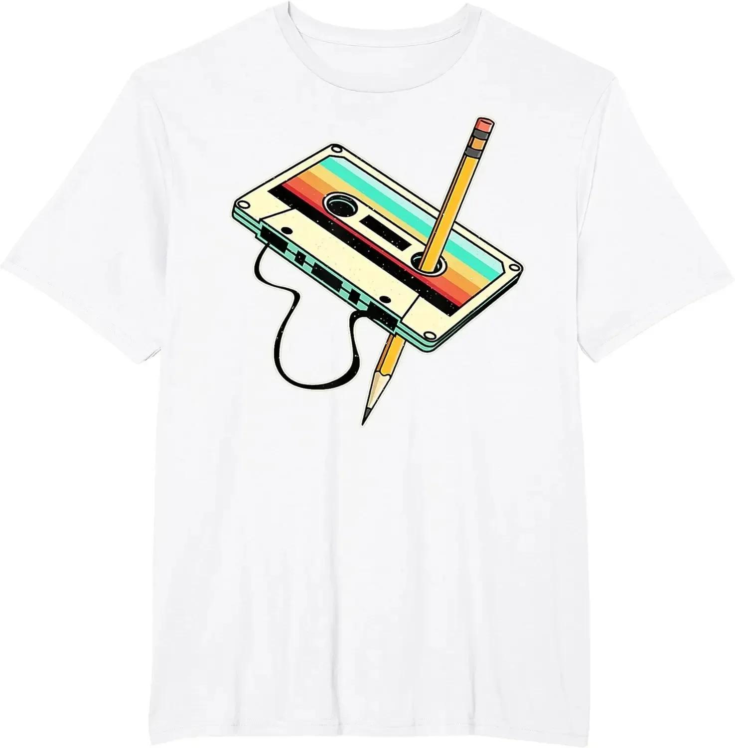 80s Cassette Tape Pencil Men Printed T-shirt 1980s Retro Vintage Throwback Music T-Shirt Men Clothing Vintage T Shirt Camisetas S