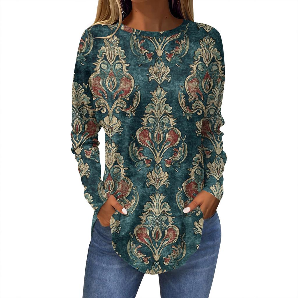Shirts For Women Cute  Vintage Pattern Print T-Shirt Long Sleeve Tunic Tops Cotton Pullovers