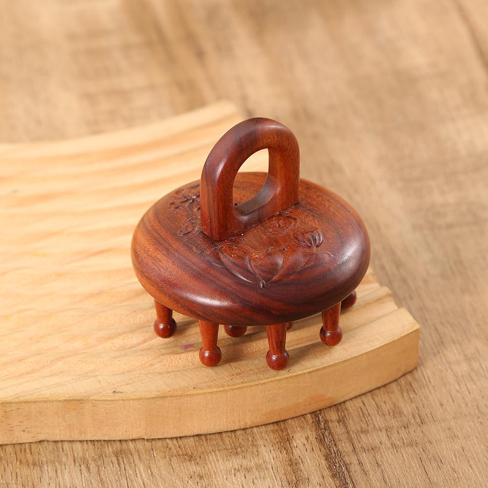 Red Sandalwood Round Comb with Lotus Carving - Exquisite Massage Brush for Curly Hair